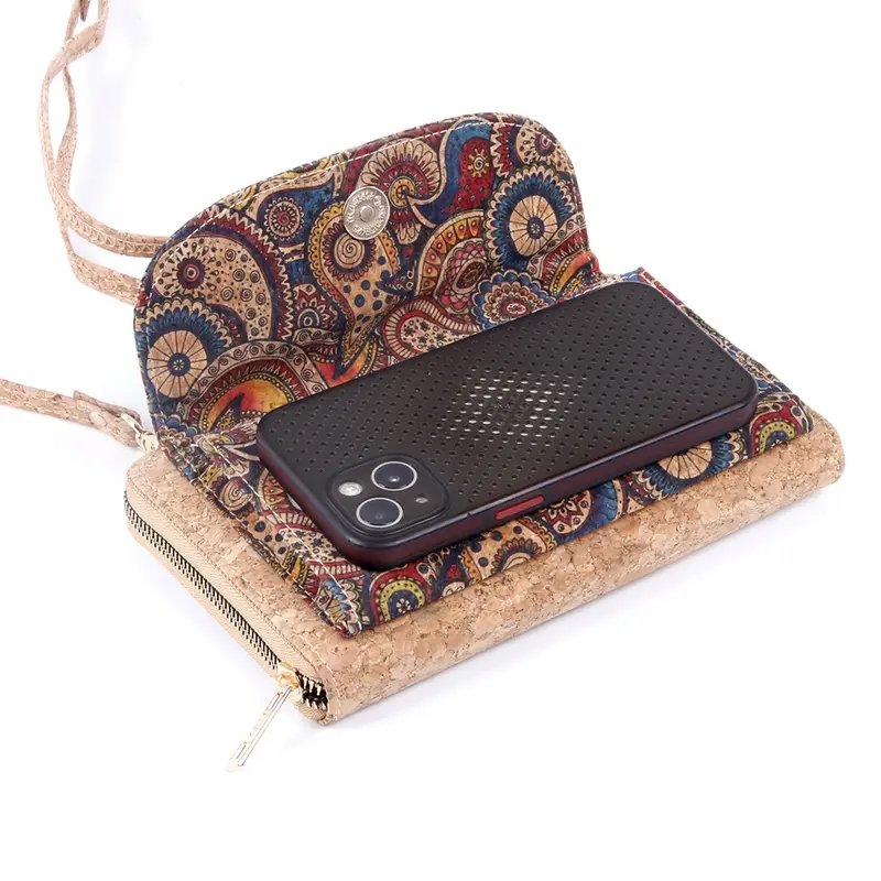 New Classic Butterfly Flower Patterns Cork Print Outdoor Travel Crossbody Mobile Phone Bag For Women Vegan With Shoulder Straps