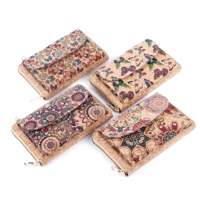 New Classic Butterfly Flower Patterns Cork Print Outdoor Travel Crossbody Mobile Phone Bag For Women Vegan With Shoulder Straps