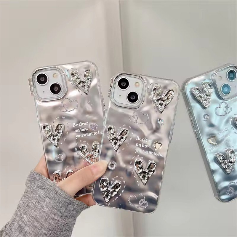 Luxury 3D Silvery Love Heart Plating Phone Case for iPhone 15 Pro Max 14 13 12 11 XS XR Big Camera Protective Cover