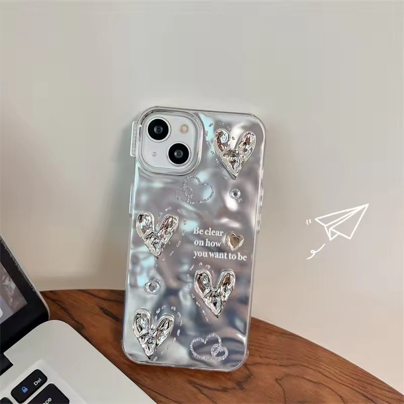 Luxury 3D Silvery Love Heart Plating Phone Case for iPhone 15 Pro Max 14 13 12 11 XS XR Big Camera Protective Cover