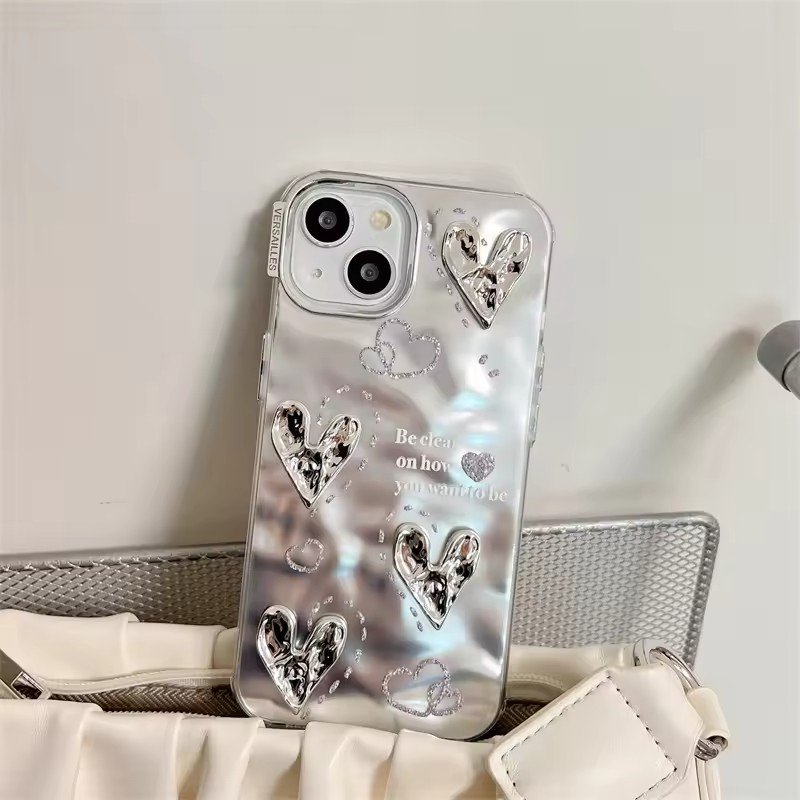 Luxury 3D Silvery Love Heart Plating Phone Case for iPhone 15 Pro Max 14 13 12 11 XS XR Big Camera Protective Cover