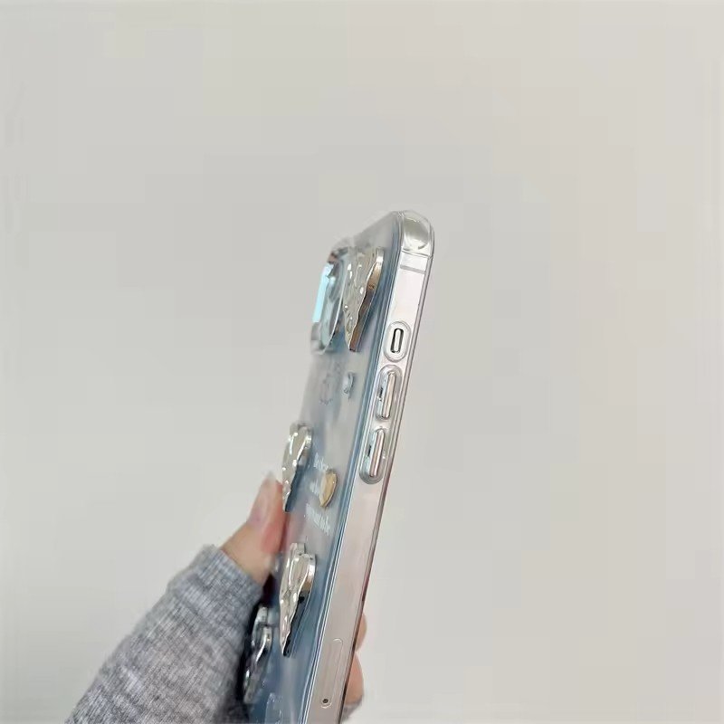 Luxury 3D Silvery Love Heart Plating Phone Case for iPhone 15 Pro Max 14 13 12 11 XS XR Big Camera Protective Cover