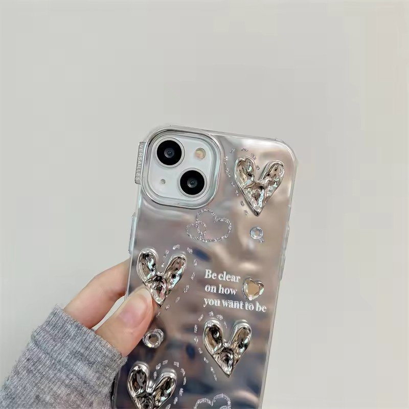 Luxury 3D Silvery Love Heart Plating Phone Case for iPhone 15 Pro Max 14 13 12 11 XS XR Big Camera Protective Cover