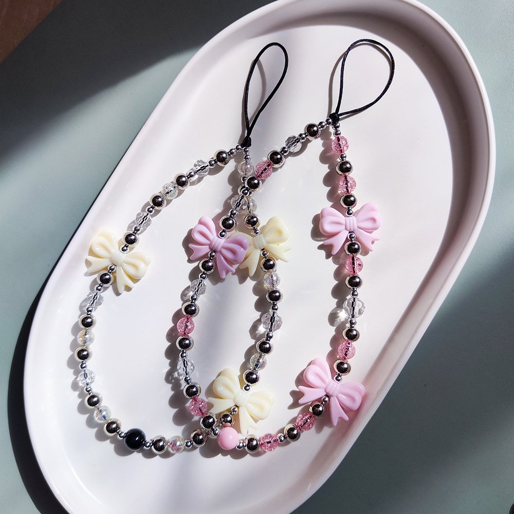 Y2k Korean Acrylic Cute Bow Beaded Phone Strap Bracelet Phone Case Lanyard Charm Bead Wrist Rope Accessories Keychain Girl Women