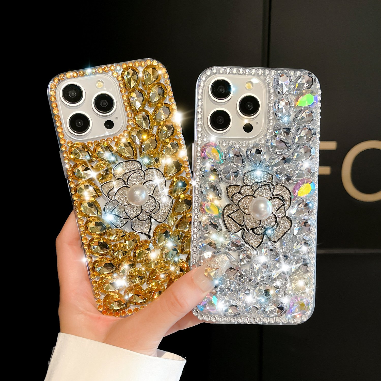 Bling Flower Diamond TPU Mobile Phone Case For iPhone 15 14 13 12 11 Pro max Fashion clear Gold Luxury Shockproof Back Cover