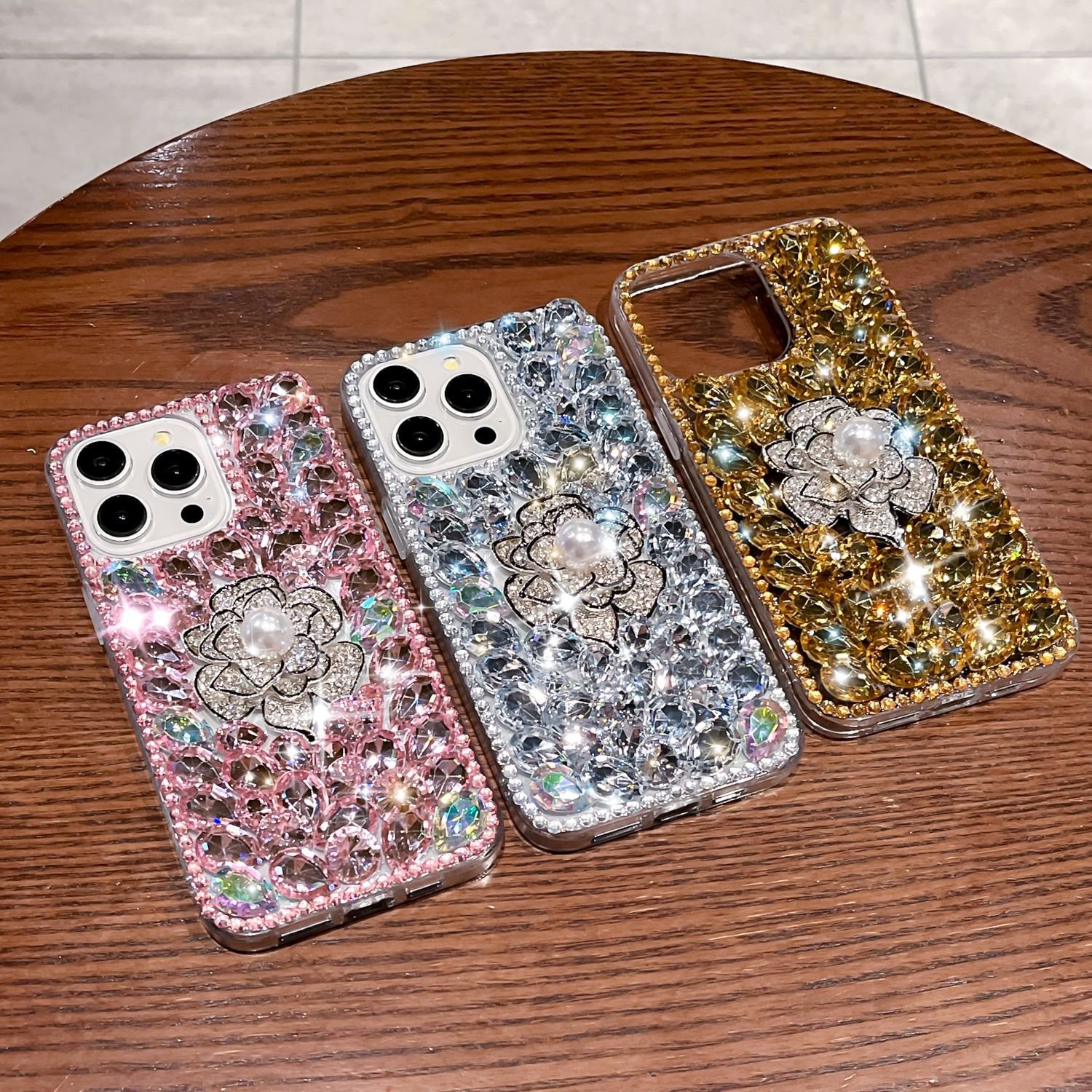 Bling Flower Diamond TPU Mobile Phone Case For iPhone 15 14 13 12 11 Pro max Fashion clear Gold Luxury Shockproof Back Cover