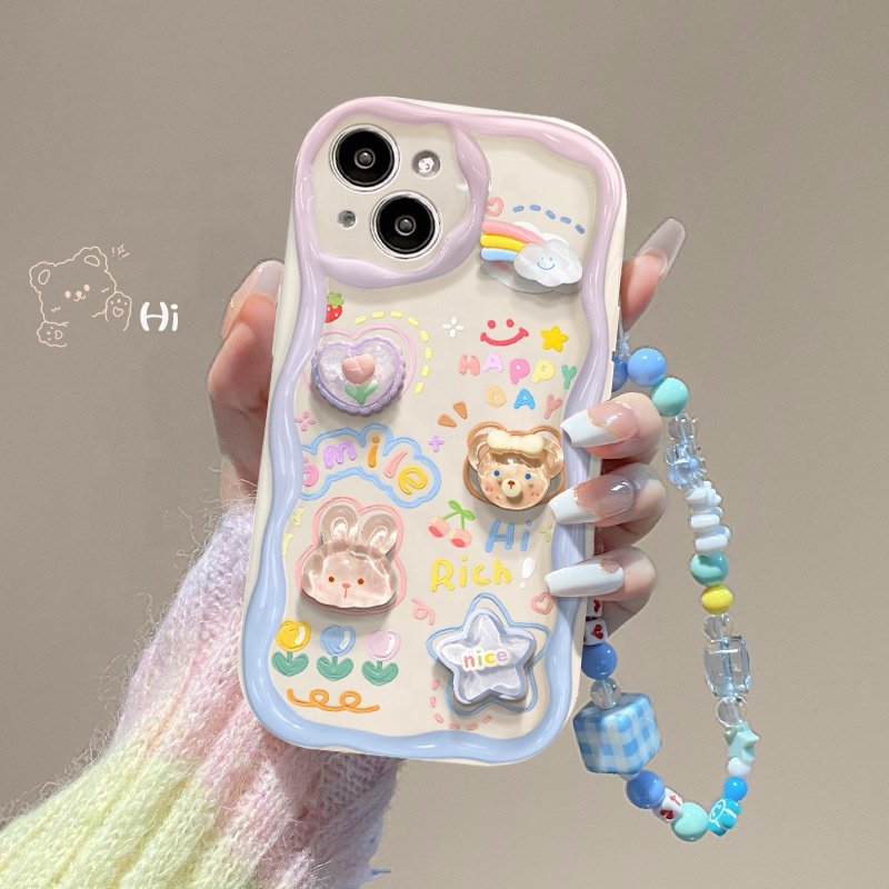 Luxury Cute 3D Flower Wrist Chain Phone Case For iPhone 16 Case Lanyard Clear Soft Cover For iPhone 14 15 13 12 Pro Max