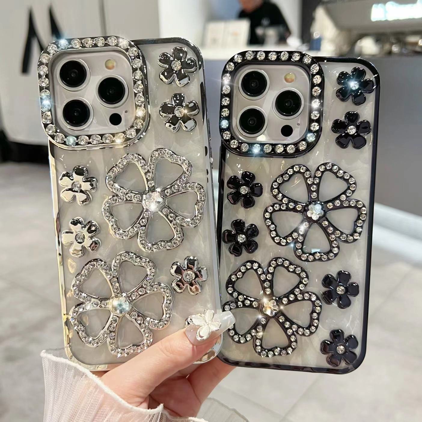 Luxury Diamond Silicone Mobile Phone Case For iPhone 16 15 14 13 12 11 Pro max Flower Fashion bling TPU Shockproof Back Cover