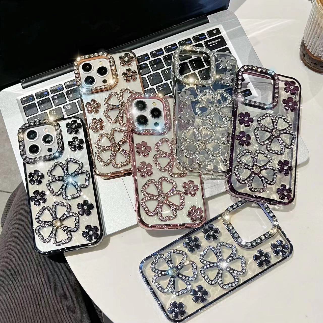 Luxury Diamond Silicone Mobile Phone Case For iPhone 16 15 14 13 12 11 Pro max Flower Fashion bling TPU Shockproof Back Cover