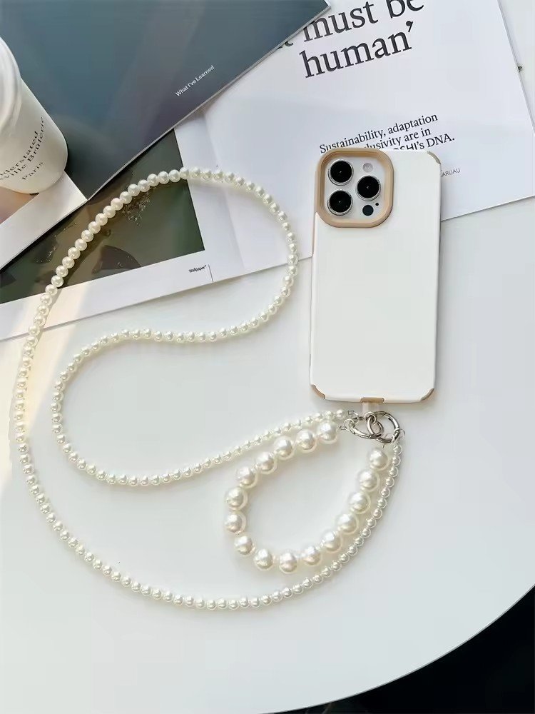 New Universal double-layer Pearl Beaded Phone Case Chain Crossbody Shoulder Cell Mobile Phone Lanyard Wrist Straps with Patch