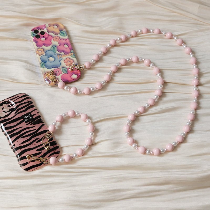 Candy Color Pearls Beaded Phone Chain Accessory Universal Hanging Necklace Bag Chain Mobile Phone Shoulder Strap Chain 120cm