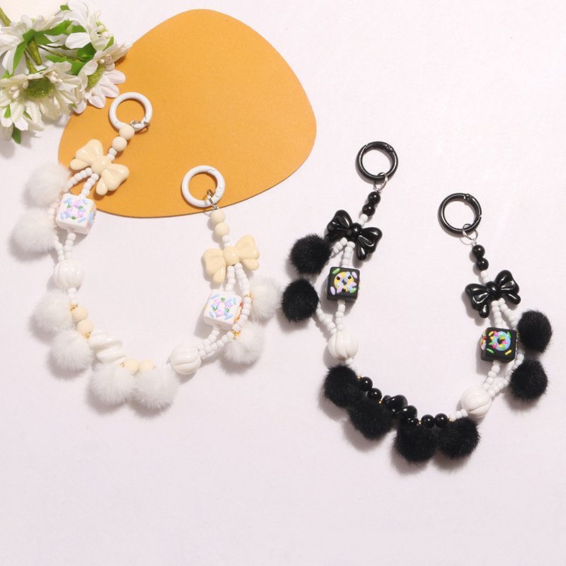 Plush Beaded Phone Lanyard Colorful Bracelet Keychain Phone Case Hanging Bow Knot Wrist Strap Key Pendant Anti-Lost Phone Strap