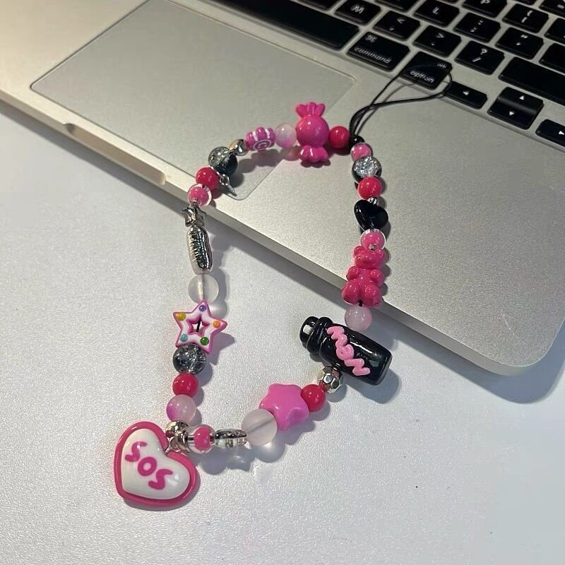 DIY Beads Short Phone Lanyard Pink Heart Star Keychain Anti-Lost Strap Phone Case Decoration Universal Phone Chain