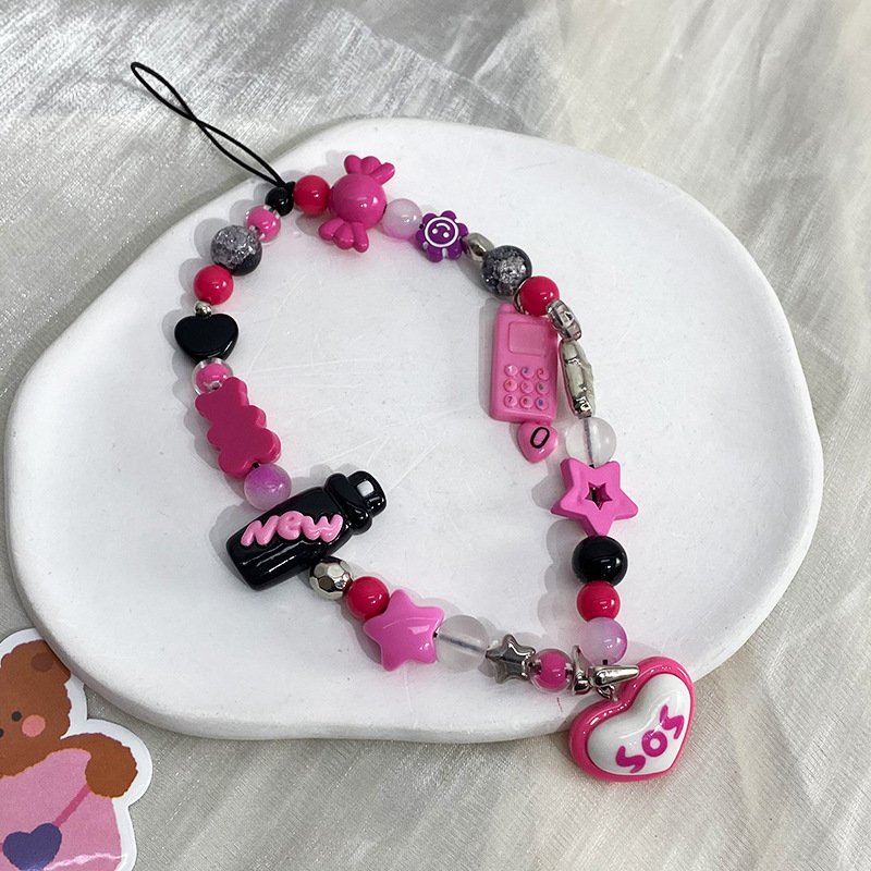 DIY Beads Short Phone Lanyard Pink Heart Star Keychain Anti-Lost Strap Phone Case Decoration Universal Phone Chain