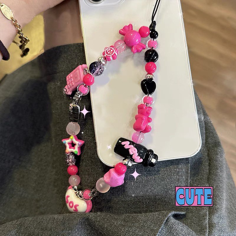 DIY Beads Short Phone Lanyard Pink Heart Star Keychain Anti-Lost Strap Phone Case Decoration Universal Phone Chain
