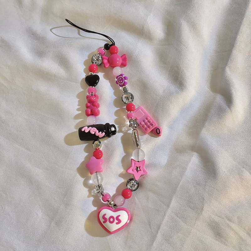 DIY Beads Short Phone Lanyard Pink Heart Star Keychain Anti-Lost Strap Phone Case Decoration Universal Phone Chain