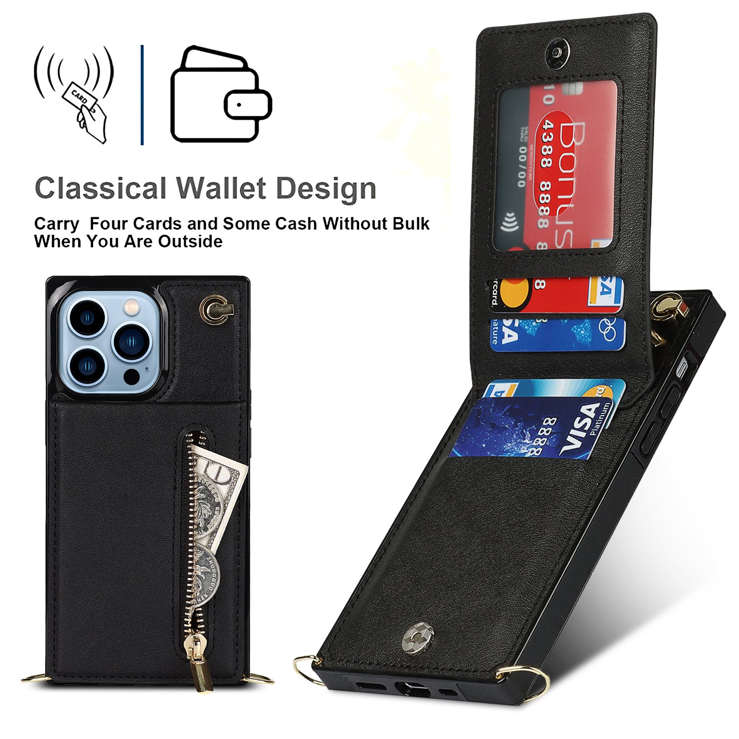 Top Selling For iPhone 14 15 Case With Shoulder Strap Kickstand Card Zipper Pu Leather Wallet Case For 13 12 11 Xs Cover