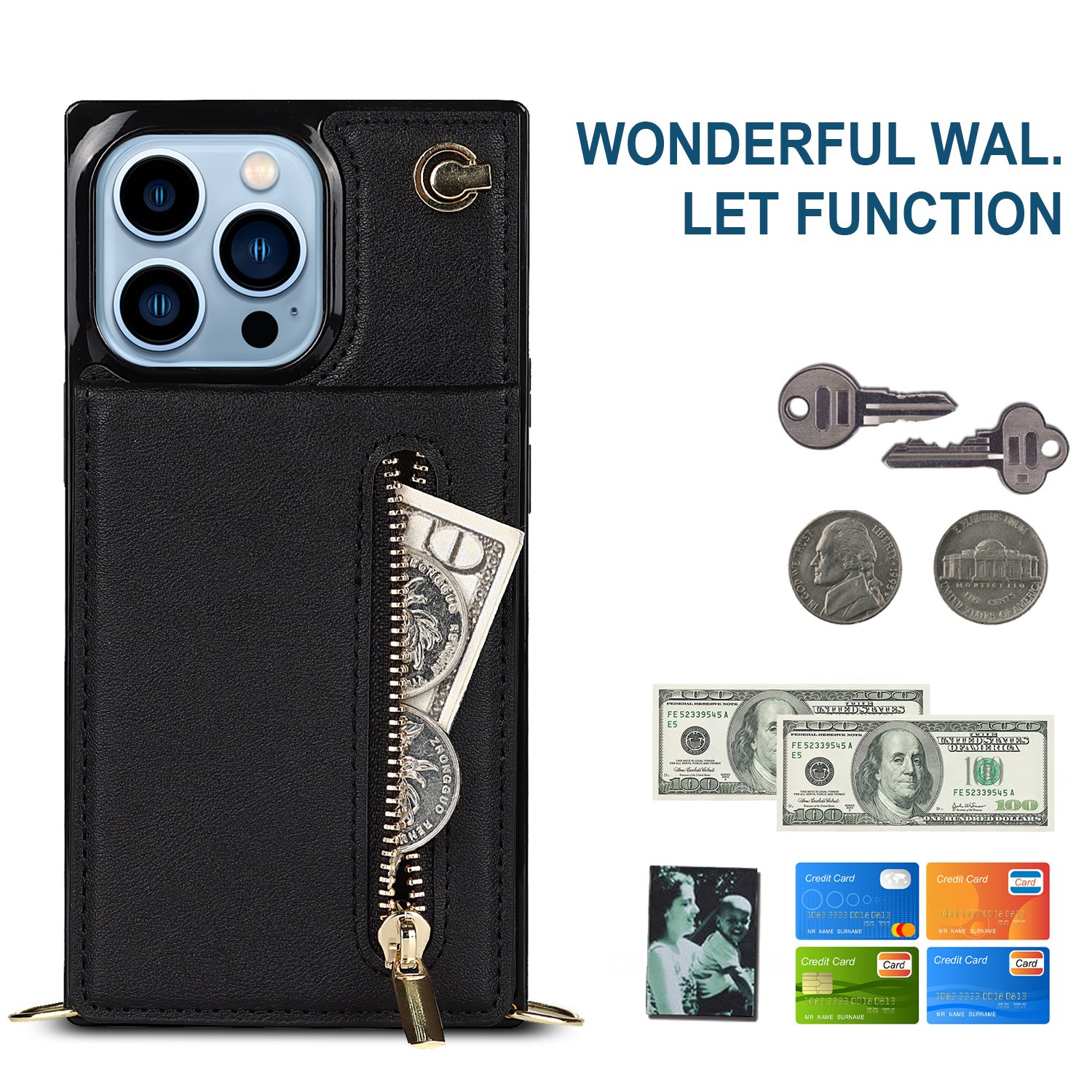 Top Selling For iPhone 14 15 Case With Shoulder Strap Kickstand Card Zipper Pu Leather Wallet Case For 13 12 11 Xs Cover