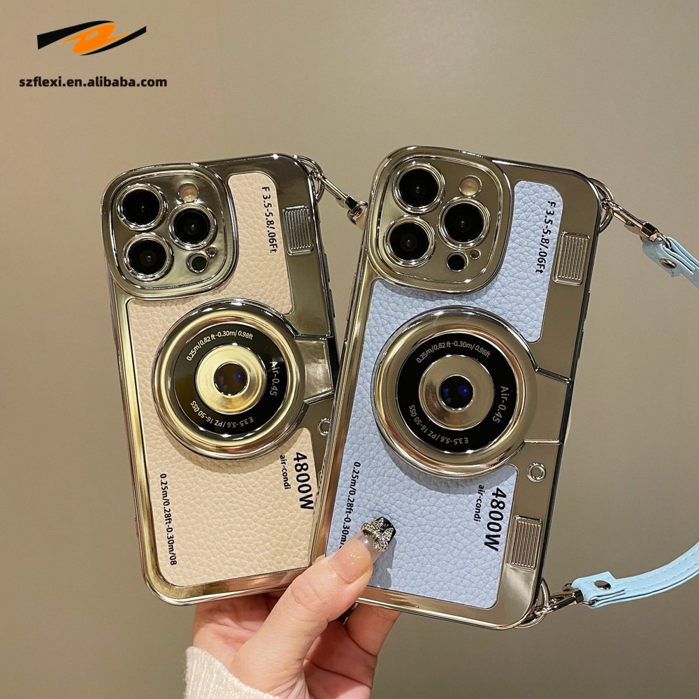 Fashion Retro Camera Phone Case With Hand Strap For Iphone11 12 13 14 15 Promax Pu Luxury Design Leather Plating Tpu Cover