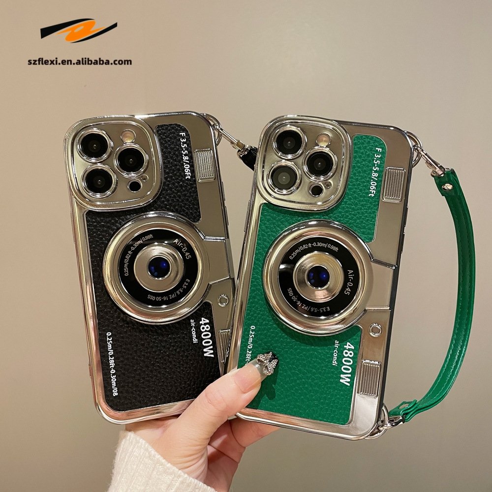 Fashion Retro Camera Phone Case With Hand Strap For Iphone11 12 13 14 15 Promax Pu Luxury Design Leather Plating Tpu Cover