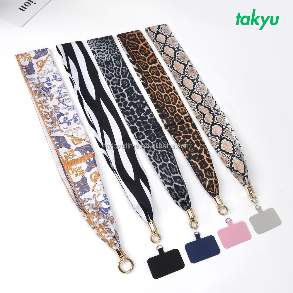 Women custom patterns flower leopard keychain soft silk scarf neck phone strap lanyard