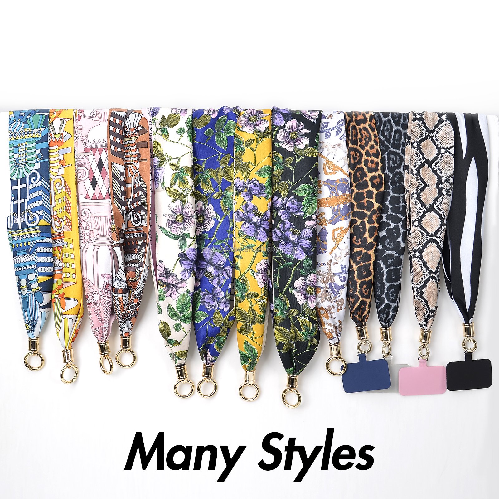 Women custom patterns flower leopard keychain soft silk scarf neck phone strap lanyard
