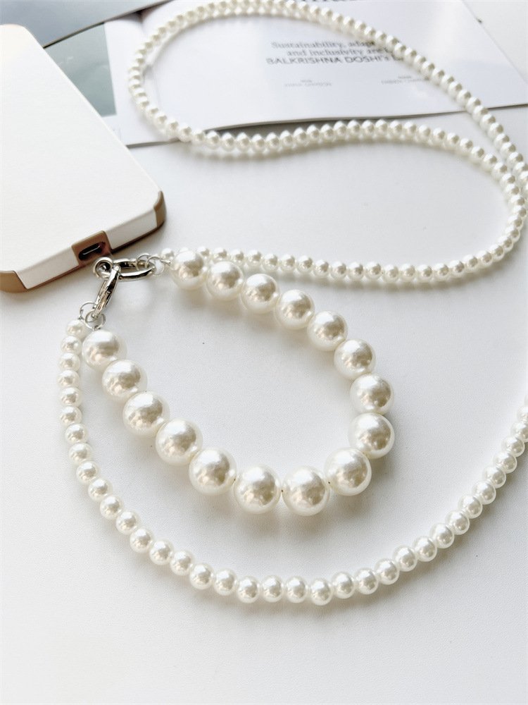 2024 Universal double-layer Pearl Beaded Phone Case Chain Crossbody Shoulder Cell Mobile Phone Lanyard Wrist Straps with Patch
