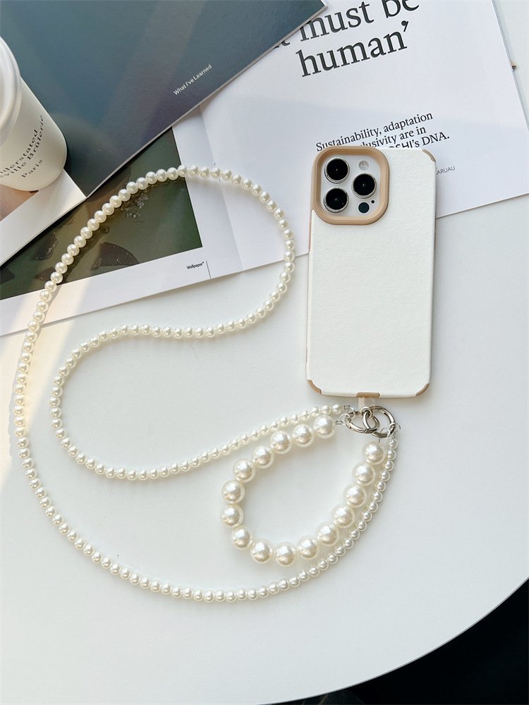 2024 Universal double-layer Pearl Beaded Phone Case Chain Crossbody Shoulder Cell Mobile Phone Lanyard Wrist Straps with Patch