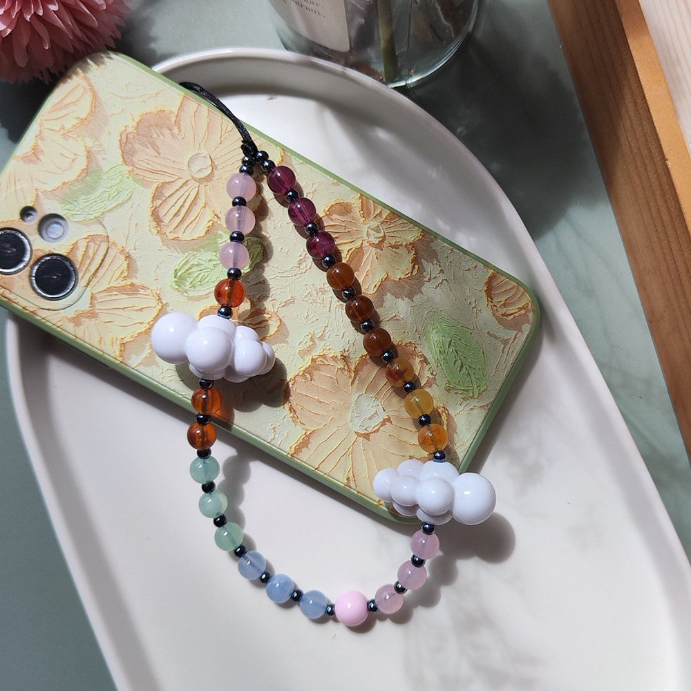 Korean Cloud Crystal Acrylic Wrist Beaded Phone Wrist Strap Chain Beads Lanyard Phone Case Charms Rope Bracelet Accessories Girl