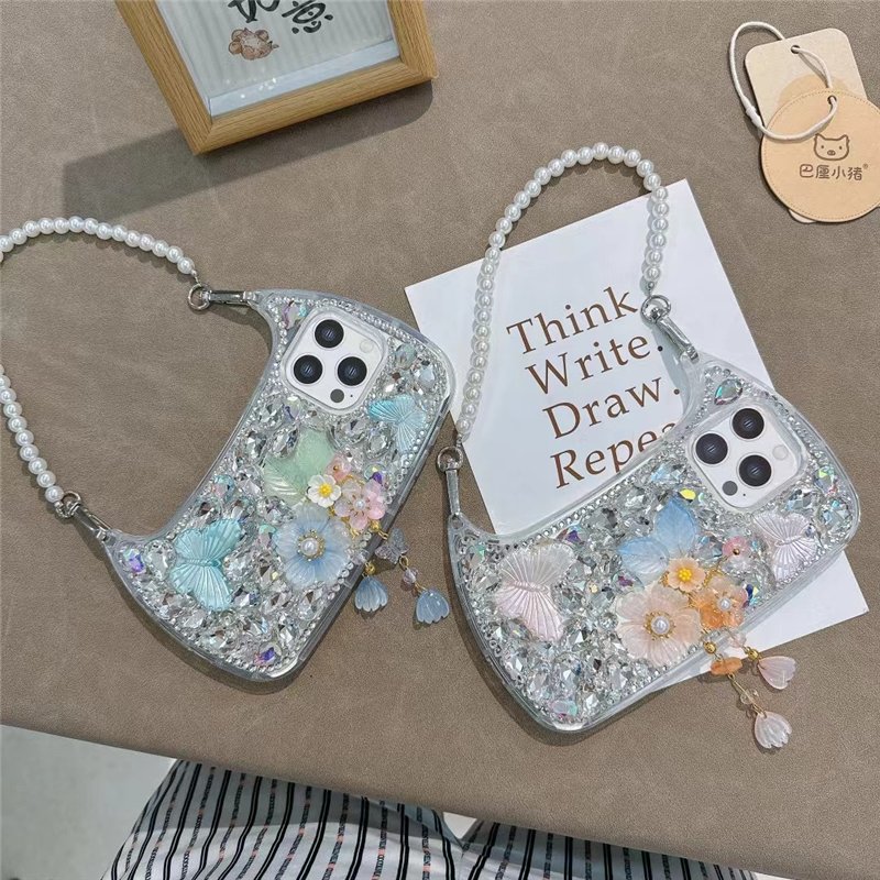 Luxury Bling Diamond Handbag Phone Case for iPhone 14 13 15 Pro Max Fancy Bear Glitter Rhinestone Cover With Pearl Wrist Strap