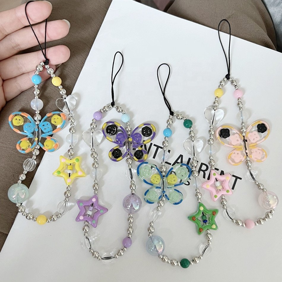 Jelly Butterfly Beaded Flower Phone Lanyard Wrist Strap Lightweight Dismountable MobilePhone Charms Straps