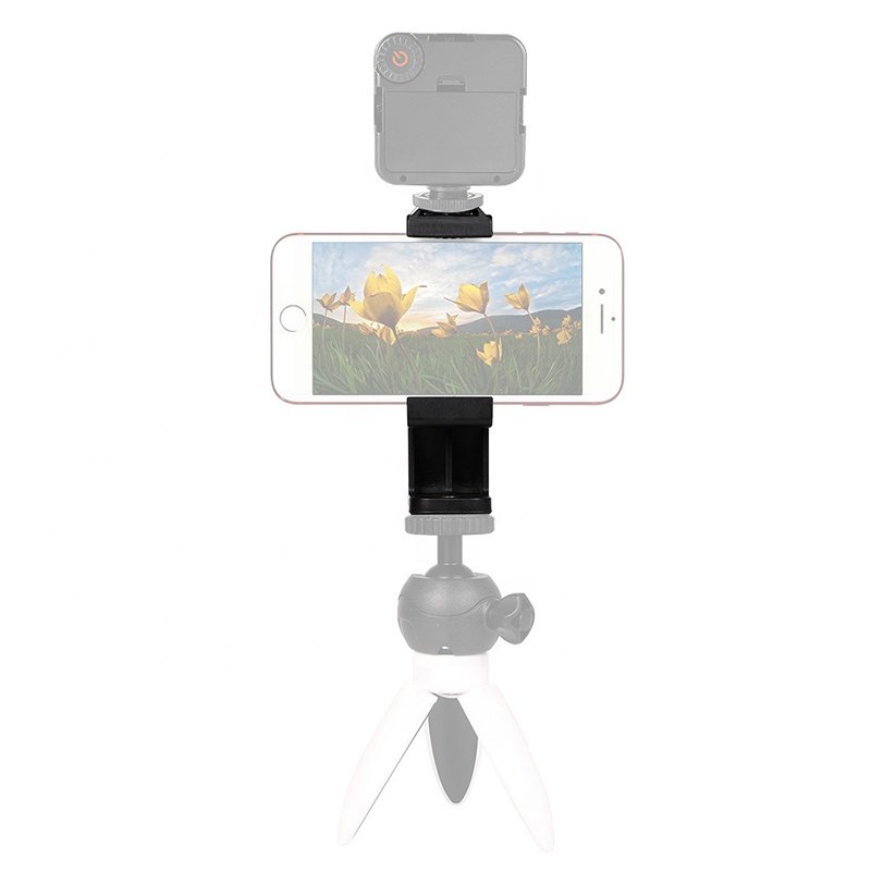 Universal 360 Rotation Cell Phone Clip Holder with Built-in Cold Shoe Monopod Tripod Mount Adaptor Size Adjustable Clamp Holder