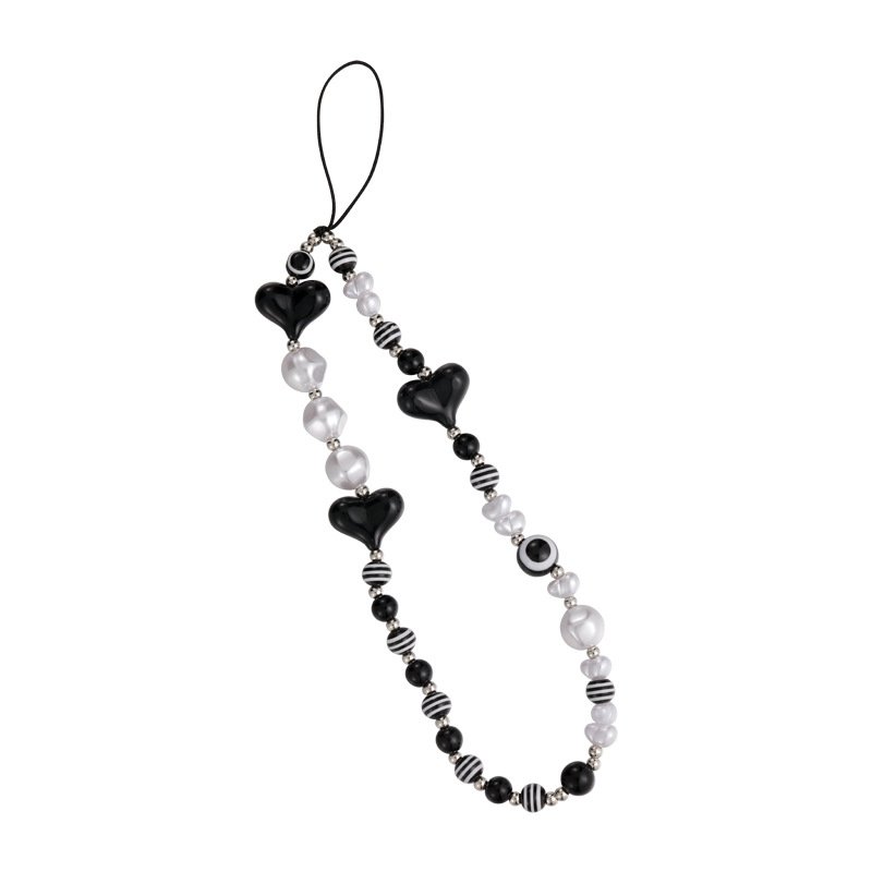 Black Beaded Mobile Phone Chain INS Pearl Beaded Love Mobile Phone Strap Short Hand Strap Anti drop Mobile Phone Pendant AP1058