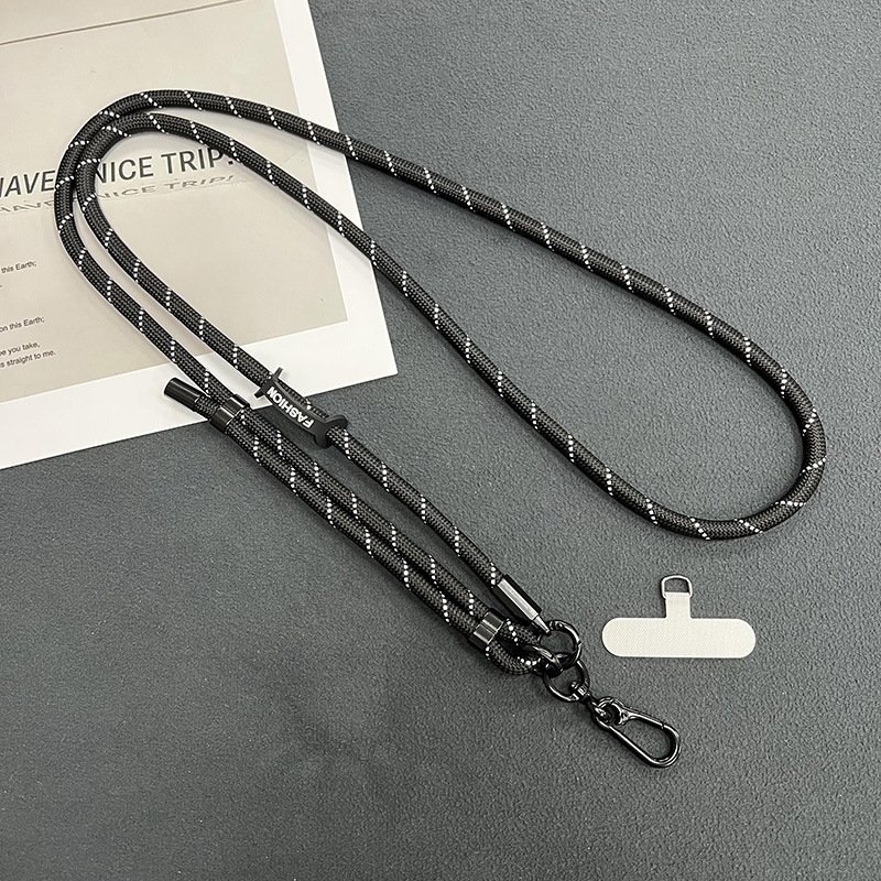Hands-free mobile phone strap: adjustable metal keychain lanyard with nylon crossbody tether patch.