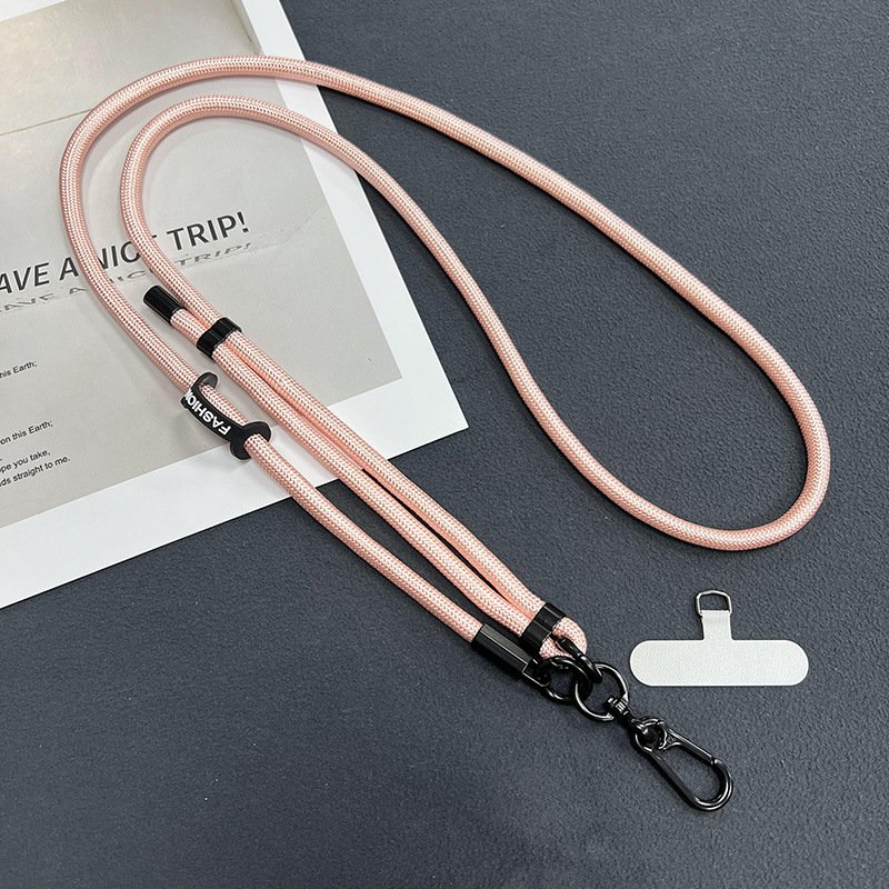 Hands-free mobile phone strap: adjustable metal keychain lanyard with nylon crossbody tether patch.