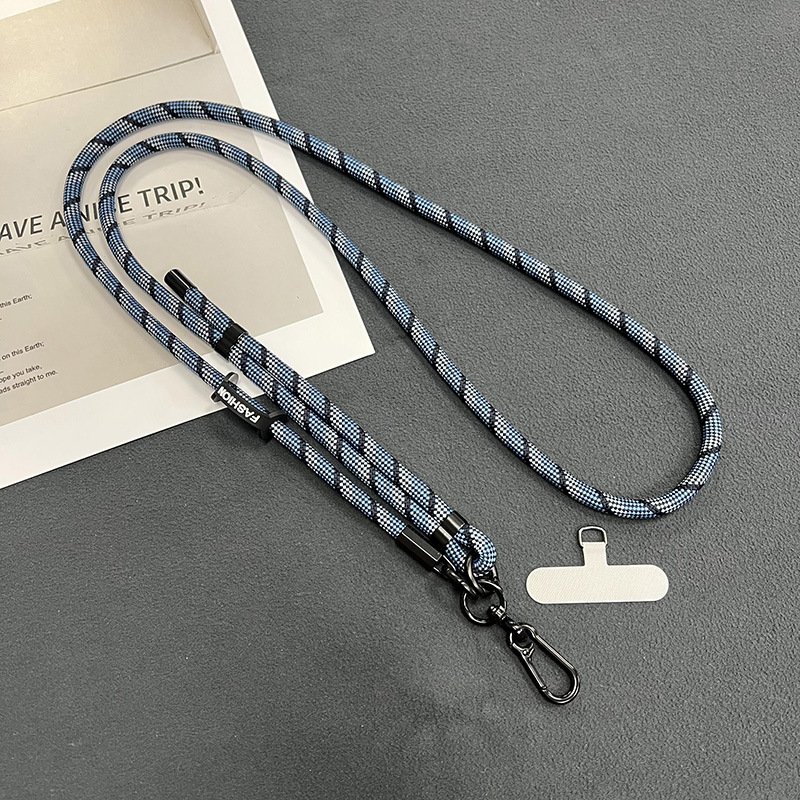 Hands-free mobile phone strap: adjustable metal keychain lanyard with nylon crossbody tether patch.