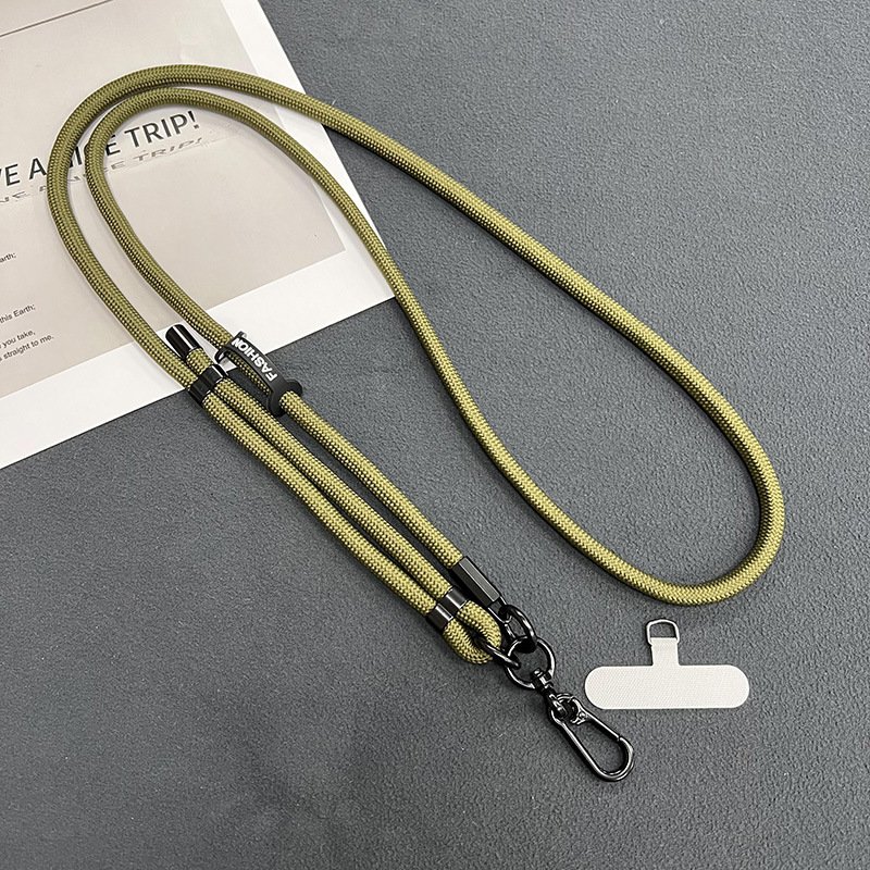 Hands-free mobile phone strap: adjustable metal keychain lanyard with nylon crossbody tether patch.