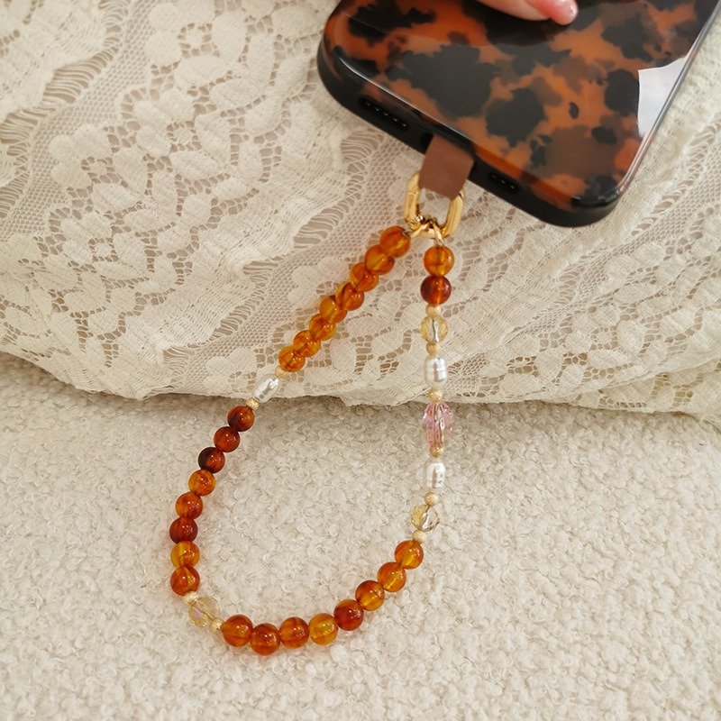 Amber Color Acrylic Beads Mobile Phone Hanging Chain With Flower Beads Long Crossbody Phone Strap Set Accessories