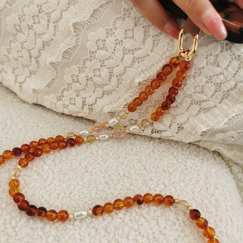 Amber Color Acrylic Beads Mobile Phone Hanging Chain With Flower Beads Long Crossbody Phone Strap Set Accessories