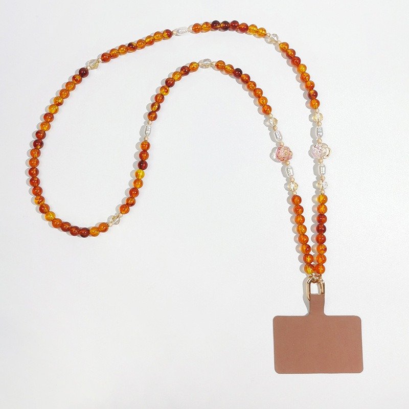 Amber Color Acrylic Beads Mobile Phone Hanging Chain With Flower Beads Long Crossbody Phone Strap Set Accessories