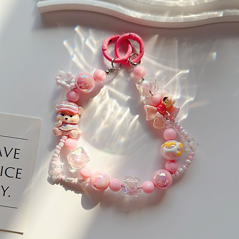 New Cute Creative Beaded Pendant KeyChain Mobile Phone Case Accessories for Girls Acrylic Cellphone Chains KeyChain