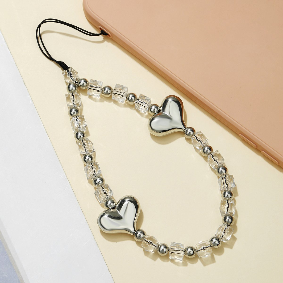 Fashion Mobile Phone Lanyard Heart Phone Chains Cubic Square Acrylic Crystal Beaded Phone Charm Strap