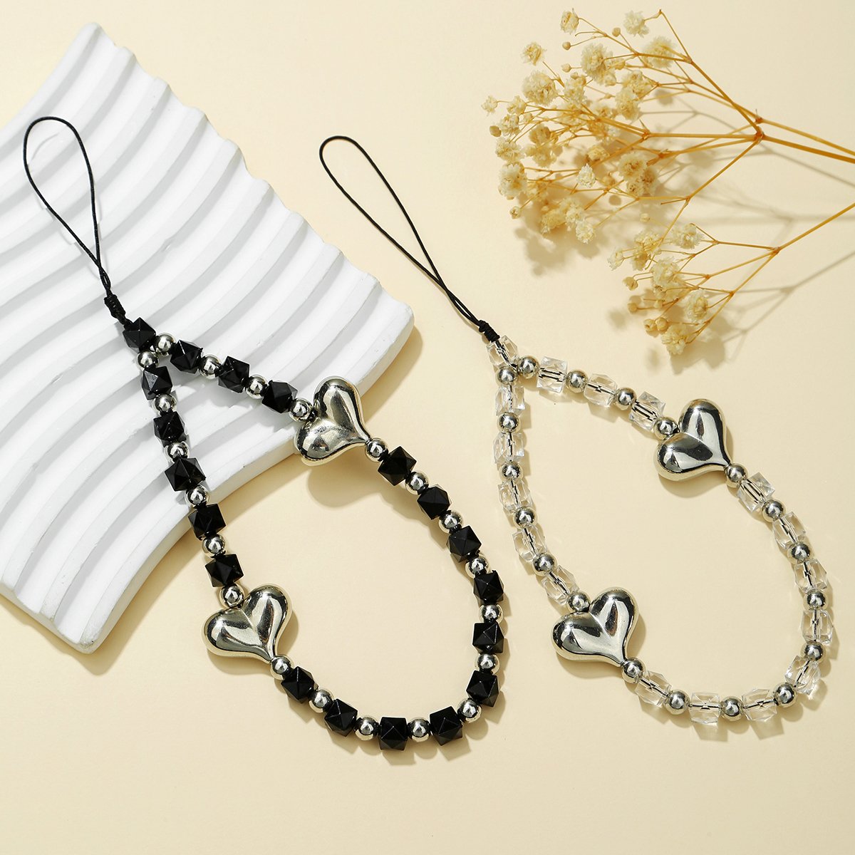 Fashion Mobile Phone Lanyard Heart Phone Chains Cubic Square Acrylic Crystal Beaded Phone Charm Strap