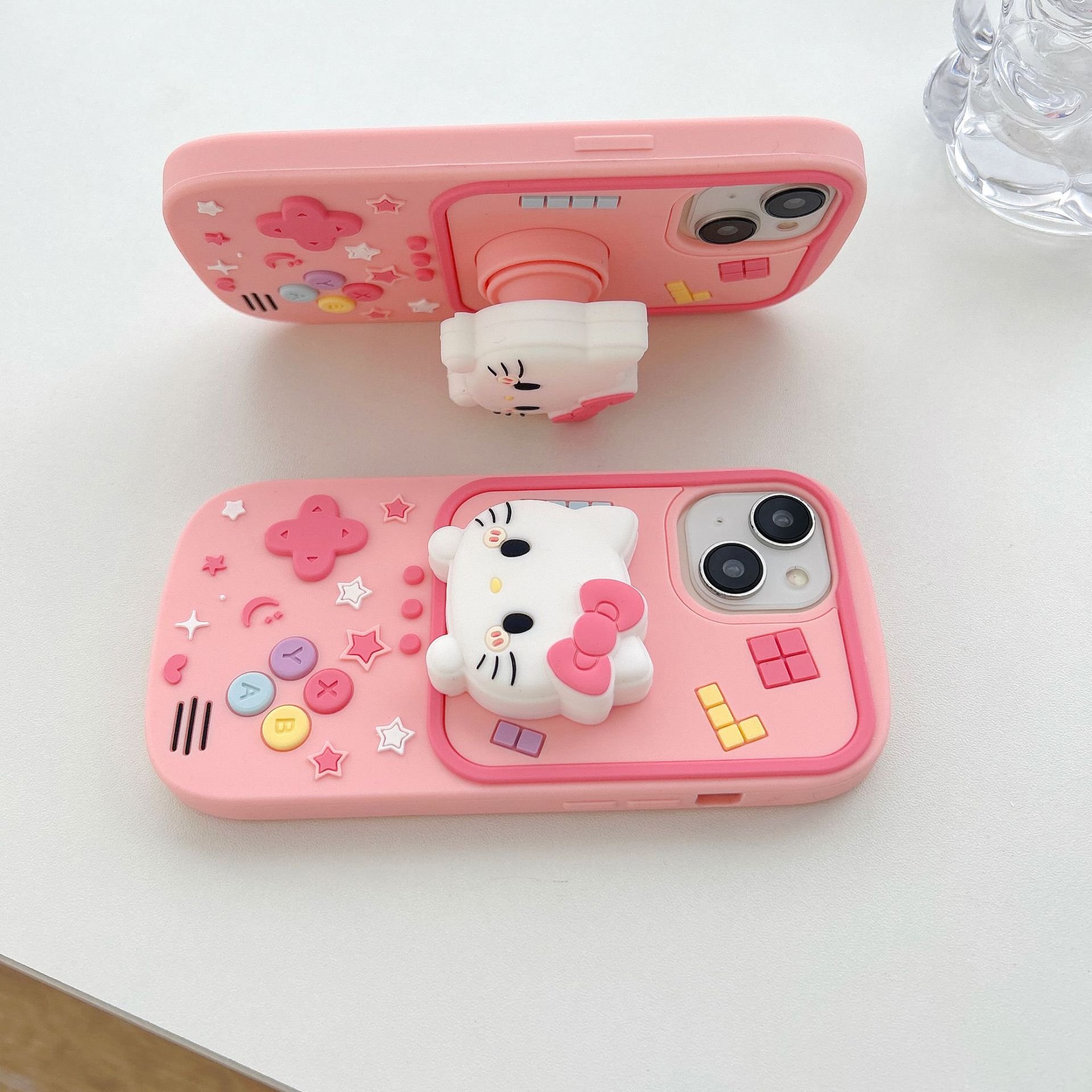 Cute Kitty holder Silicone Mobile Phone Case For iPhone 16 15 14 13 12 11 Pro max Game Cat stand Cartoon Shockproof Back Cover