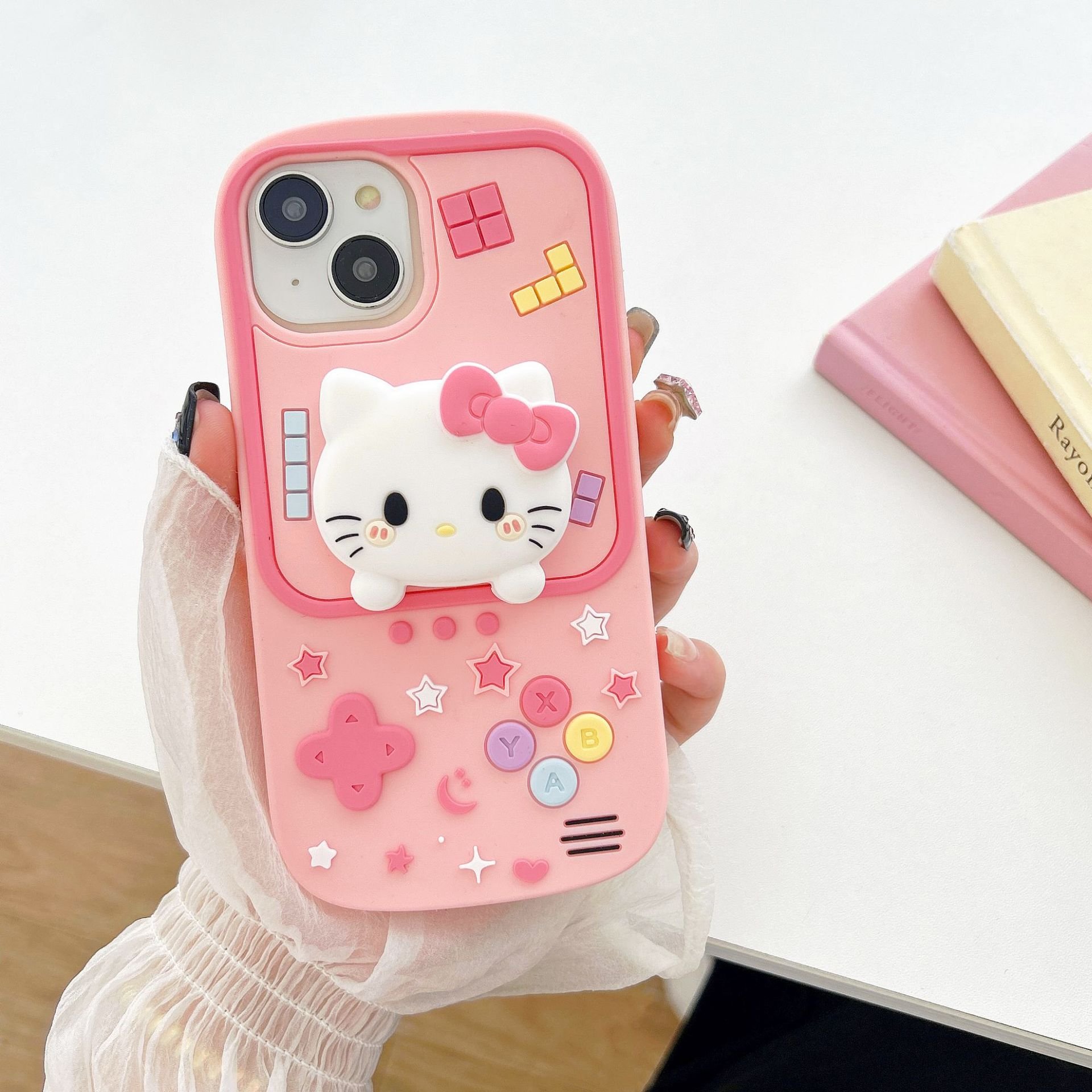 Cute Kitty holder Silicone Mobile Phone Case For iPhone 16 15 14 13 12 11 Pro max Game Cat stand Cartoon Shockproof Back Cover