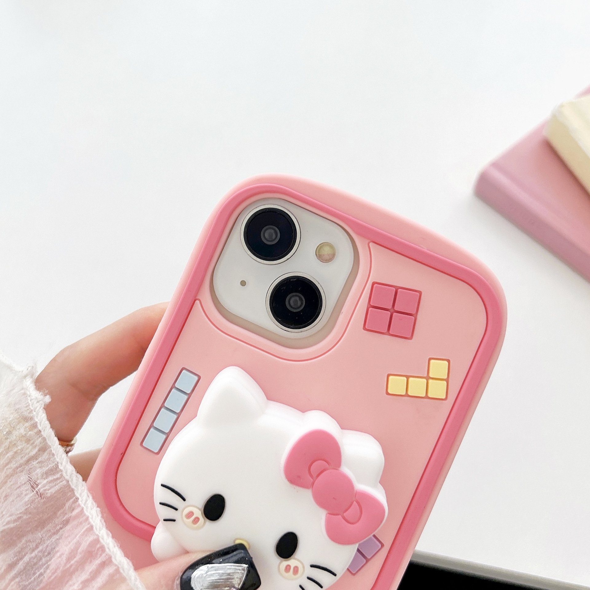 Cute Kitty holder Silicone Mobile Phone Case For iPhone 16 15 14 13 12 11 Pro max Game Cat stand Cartoon Shockproof Back Cover