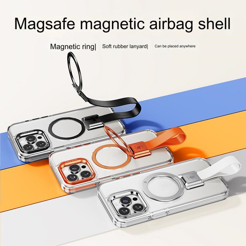 New Airbag Magnetic Clear Phone Case For iPhone 16 15 Pro Max With Wrist Strap Invisible Ring Stand PC Hard Shockproof Cover