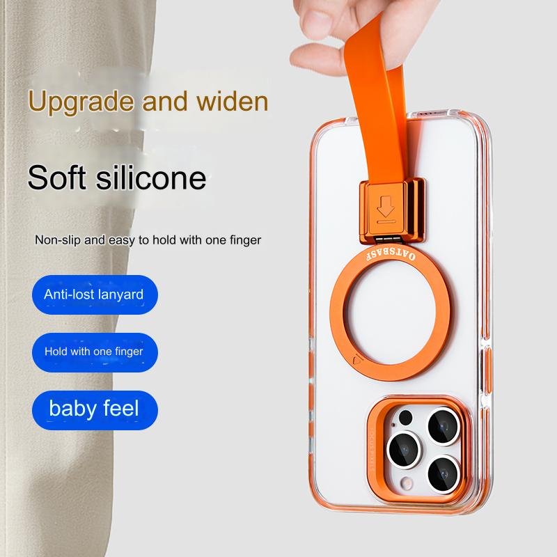 New Airbag Magnetic Clear Phone Case For iPhone 16 15 Pro Max With Wrist Strap Invisible Ring Stand PC Hard Shockproof Cover