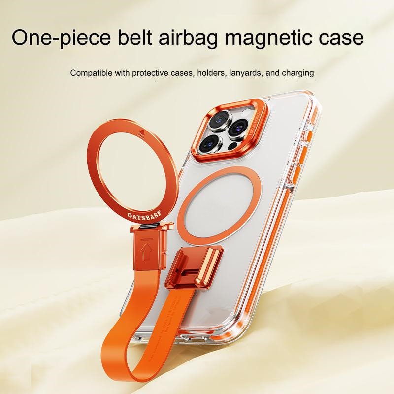New Airbag Magnetic Clear Phone Case For iPhone 16 15 Pro Max With Wrist Strap Invisible Ring Stand PC Hard Shockproof Cover