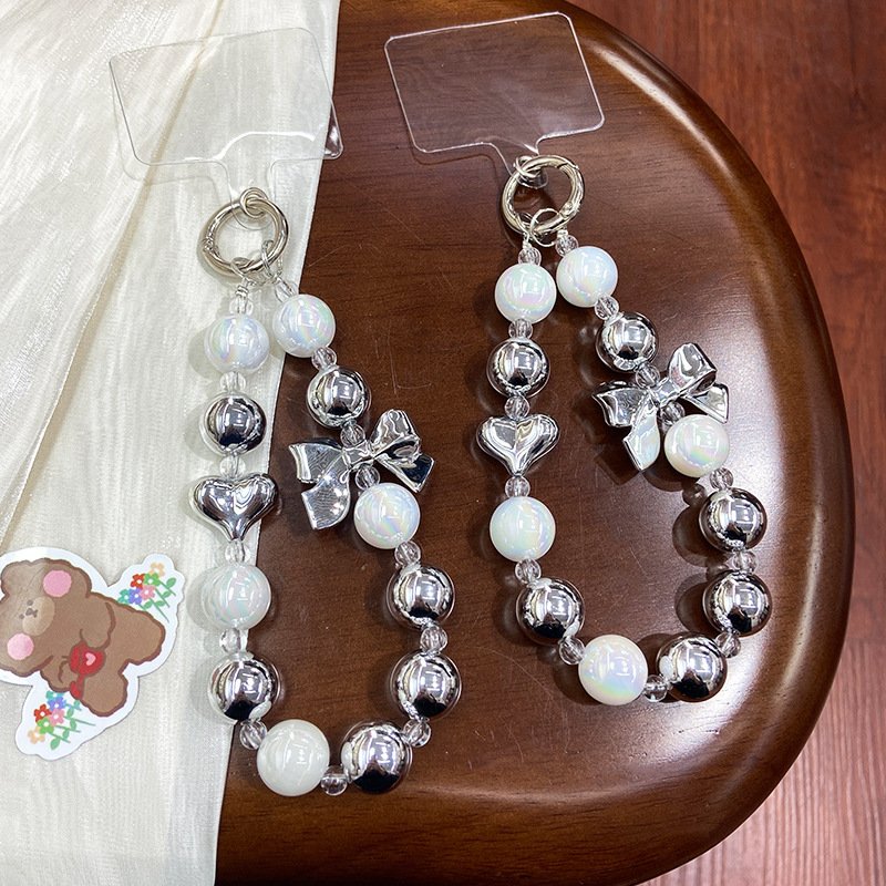 Handmade Cute Acrylic Pearl Phone Charms String Keychain Cell Case Lanyard Wrist Strap with beaded keychain wristlet keychain